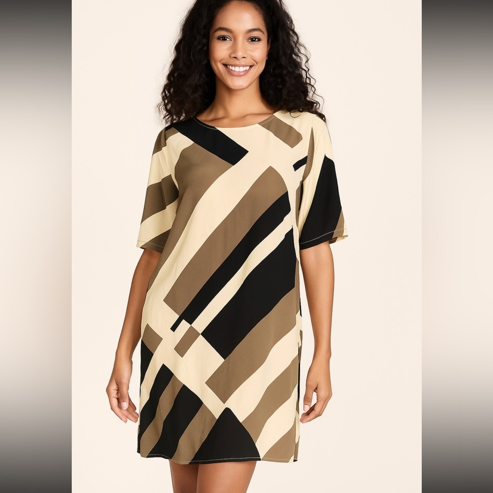 Anthropologie Bel Kazan black & tan color block shift mini Dress Size Medium